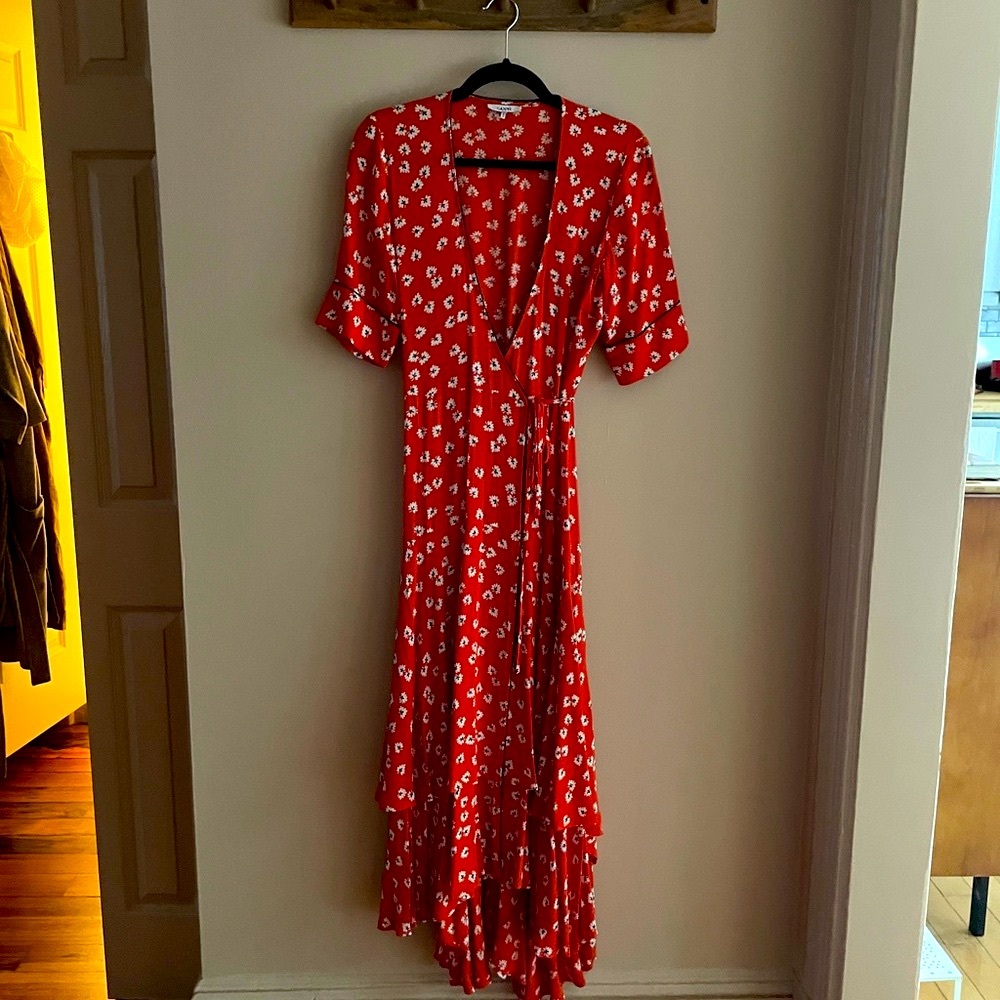 Ganni Red Floral Maxi Wrap Dress